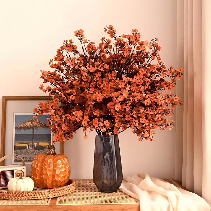 Waipfaru 6 Pcs Fake Flowers Babys Breath Silk Artificial Orange Flowers Gypsophila Bouquets Bulk Real Touch Fall Stems for Fall Thanksgiving Autumn Decor DIY Floral Arrangement Table Centerpieces