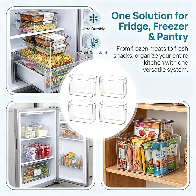 4 Pack Crystal Clear Freezer Storage Bins, Mixed Size Clear Bins for Organizing, Stackable Plastic Storage Bins with Handles, Kitchen Organizer for Refrigerator, Pantry, Cabinet (4s)