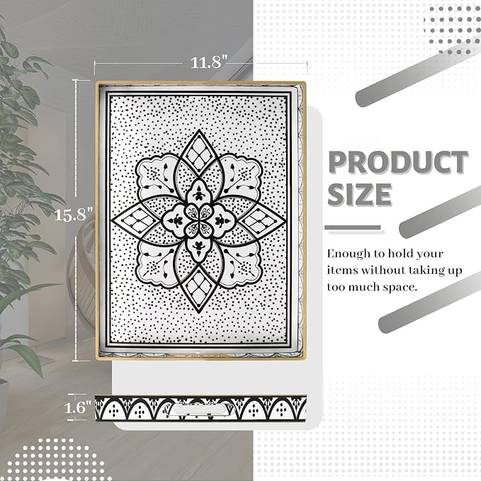 MAONAME Plastic Serving Tray with Handles, Modern Black Tray for Coffee Table, Rectangular Trays with Flower Pattern, Decorative Trays for Ottoman, 15.8" Lx 11.8" W X 1.6" H