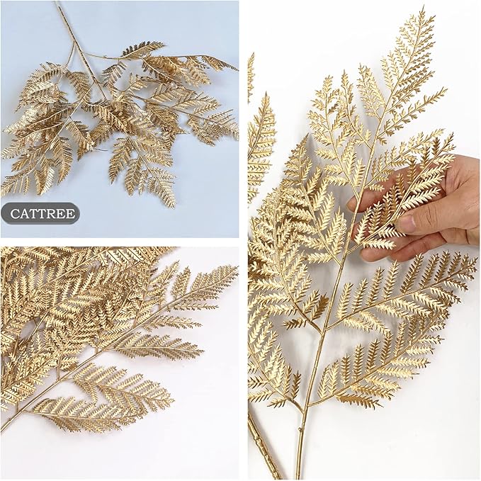 CATTREE Gold Ferns Artificial Plants Large Tall 30" 2 Pack Christmas Decorations, Fake Golden Boston Leaves Plastic Fern Palm Bushes Faux Shrubs Simulated Leaf for Party Wedding DIY Décor