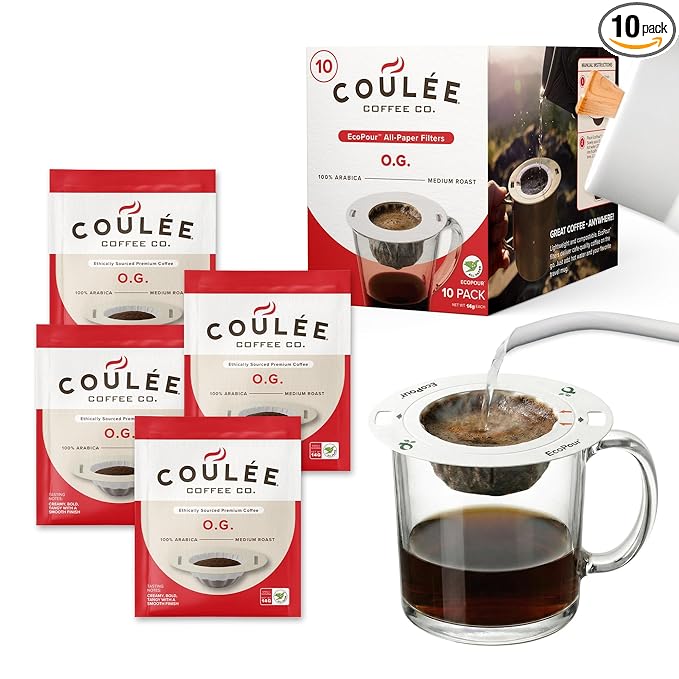 Coulée EcoPour O.G. Coffee, All Paper Single Serve Pour Over Colombian Coffee, Medium Roast, Use for Camping or Traveling, Pre Filled Compostable, All Paper Filters, Ready to Brew with Hot Water, Plastic Free, 10 Pack | camping-coffee-and-tea-pots