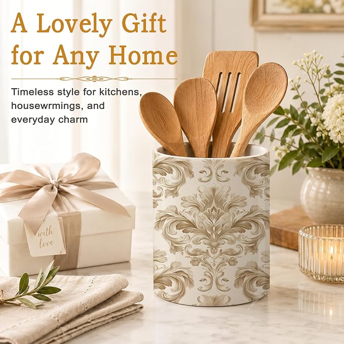 Ceramic Kitchen Utensil Holder for Countertop,Gold Damask Flower Vintage Large Utensil Crock for Kitchen Counter,Cooking Utensil Organizer for Spatulas,Spoons