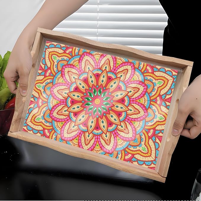 Generic DIY Diamond Serving Tray Rectangular Upgrade Increase Breakfast Tray with Handles Handmade Diamond Art Painting Wooden Tray Dinner Plate for Coffee Living Room Home Organizer-Mandala08