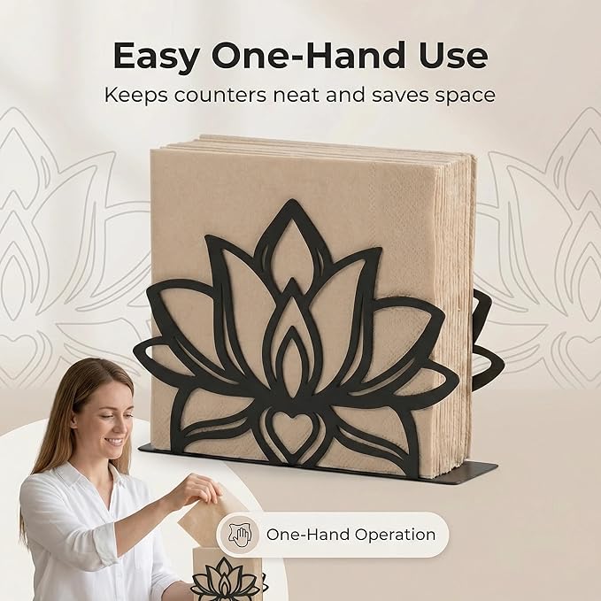 2Pack Lotus Napkin Holder for Table, Modern Metal Black Napkin Holders for Kitchen Dining Tables & Countertops, Paper Cocktail Napkins Holder Dispenser for Indoor & Outdoor