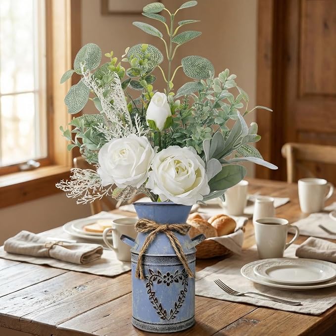 Faux Flowers in Vase 17.5" H Artificial Silk Roses Flower Fake Plants Eucalyptus Arrangement in Metal Vase Faux Silk Floral for Dining Table Centerpieces Home Office Decoration (White/Blue Vase)