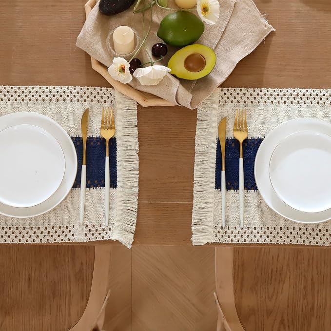 Boho Placemats Set of 6 Macrame Table Decor with Fringe Farmhouse Woven Placemats in Natural Burlap for Kitchen and Dining Table Centerpiece Home Decorations, Navy Blue