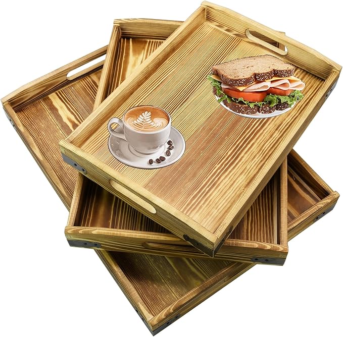 Owlgift Rustic Burnt Wood Serving Trays with Brass Metal Wrap Accents, Set of 3