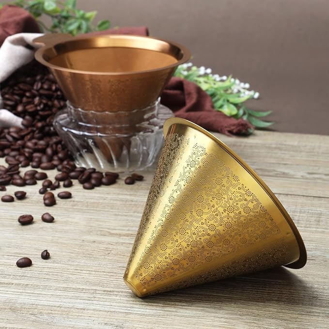 ATHIA Golden Dripper Reusable Stainless Steel Coffee Filter Paperless Cone Filter for Drip Coffee Makers Eco-Friendly Easy Clean Compatible with Most Coffee Makers (Golden, Cone Shape)