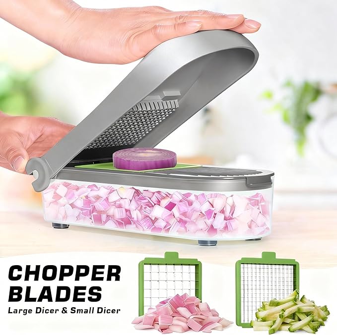 LHS Vegetable Chopper, Pro Onion Chopper Slicer Dicer Cutter Shredded- Cheese & Veggie Plus Peeler and Julienne - Food Dicer with 8 Blades (Grey)