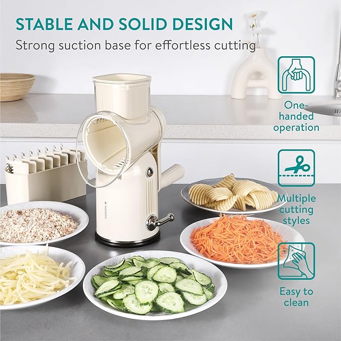 Navaris Rotary Cheese Grater with 5 Blades - Vegetable Shredder, Strong Suction Base, Mandoline Slicer for Fruit, Nuts, Dishwasher Safe, with Storage Box, Easy to Clean, Cream