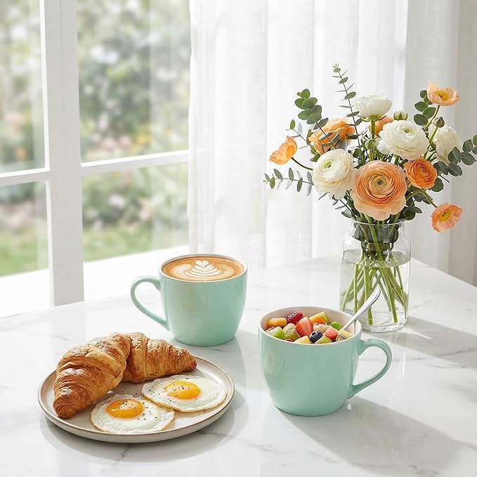 MECOWON 30 OZ Porcelain Coffee Mugs, Set of 2 Large Mugs for Soup, Cereal and Salad (Turquoise)