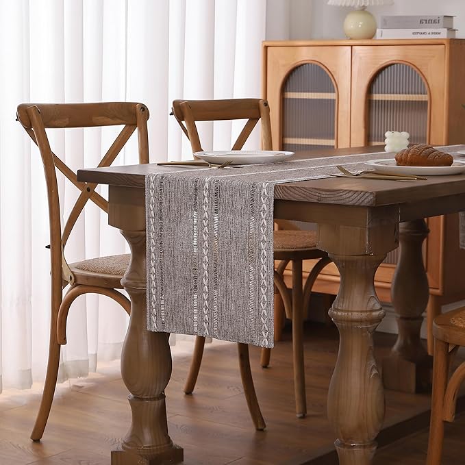 Gernaice Boho Table Runner, Rustic Embroidered Cotton Linen Farmhouse Table Runners for Holiday Wedding Dining Living Room Bedroom Home Decor, 72" L X 13" W Dark Brown