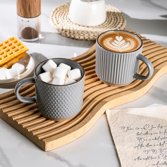 GBhome 8OZ Stackable Coffee Mugs Set of 4, Ceramic Coffee Mugs with Texture Patterns for Man,Woman,Dad,Mom, Modern Coffee Cups for Latte/Cappuccino/Cocoa. Dishwasher&Microwave Safe, Gray