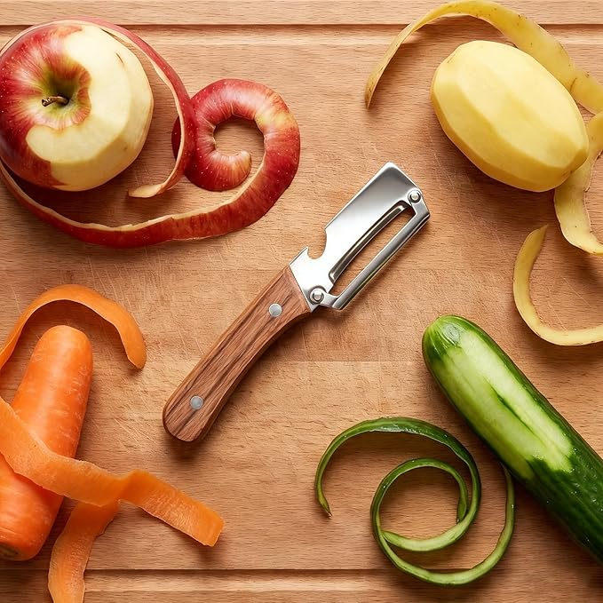 2PCS Multi-Functional Vegetable Peeler for Kitchen with Wooden Handle and Bottle Opener, 2 in 1 Stainless Steel Veggie Peeler Kitchen Gadgets Tool for Fruit Potato Pumpkin Apple Carrot Papaya