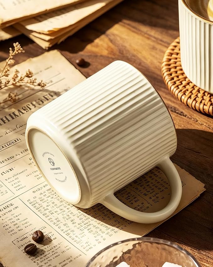 famiware Coffee Mug Set for 4, Star 12 oz Catering Mugs Cup Set with Handle for Coffee, Tea, Cocoa, Milk - Ceramic Stoneware Drinkware Set, Vanilla White