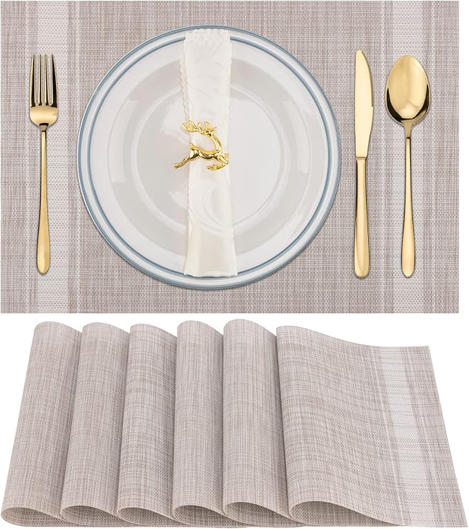Winknowl Placemats Set of 6, Heat Resistant Non-Slip Vinyl Woven Table Mats for Dining Table, Washable Durable Elegant Place Mats for Kitchen Indoor/Outdoor Use (Beige White)