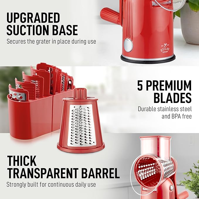 Zulay Kitchen Rotary Cheese Grater 5 Blade Cheese Shredder - Manual Hand Crank Cheese Grater With Reinforced Suction & 5 Interchangeable Drums - Easy to Use, Vegetable Chopper Round Mandoline Slicer