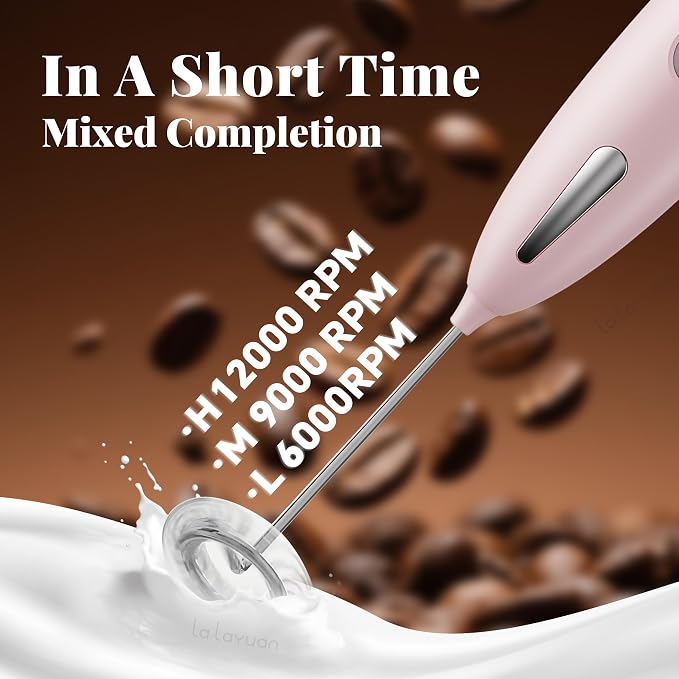 Electric Milk Frother, Three speed adjustment, USB Rechargeable Cordless Hand Blender with Sticky Stand Included, Portable Kitchen Stainless Steel Egg Beater, Mixed Drinks, Coffee Stirrers (Pink)