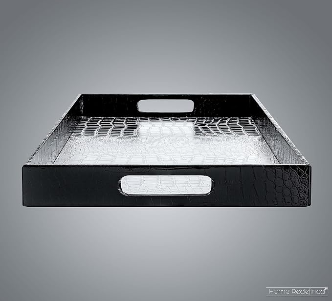 Home Redefined 17.5"x12" Silver & Black Glossy Crocodile Faux Leather Serving Tray Beautiful Modern Elegant Decorative Tray with Handles Ottoman Coffee Table Tv Remote Storage for All Occasion's
