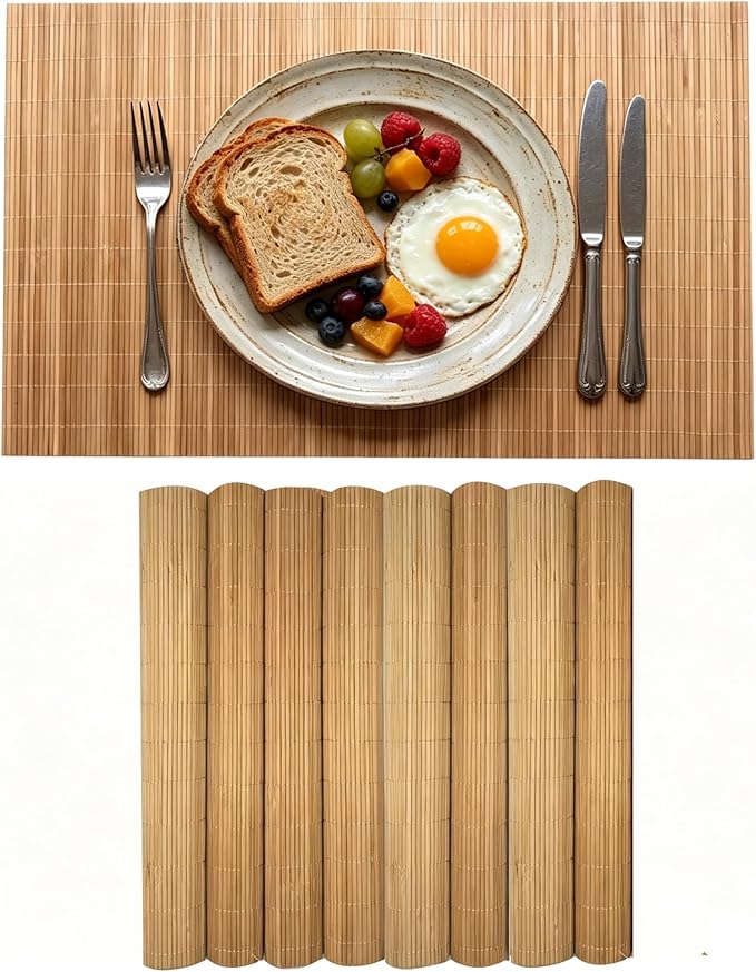 8-Pack Bamboo Placemats,Woven Heat-Resistant Rectangular Table Mats,Natural Dining Place Mats, Rustic Japanese Style Wood Mats for Indoor Dining,Kitchen and Party Use, Coffee