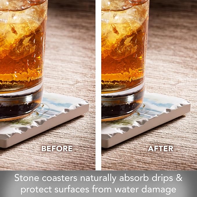 Thirstystone Coastal Moments 4 Pack Assorted Tumbled Tile Stone Coasters with Protective Cork Backing Manufactured in The USA Absorbent Easily Wipes Clean