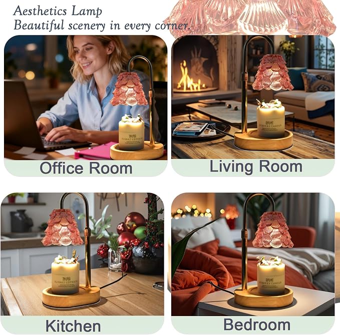 Chritsmas Tree Lampshape Candle Warmer Lamp with Adjustable Height, Aroma Candle Warmer with Timer and Dimmer, Wooden Base Glass Wax Warming Lamp, Women's Gifts(Tree Pink)