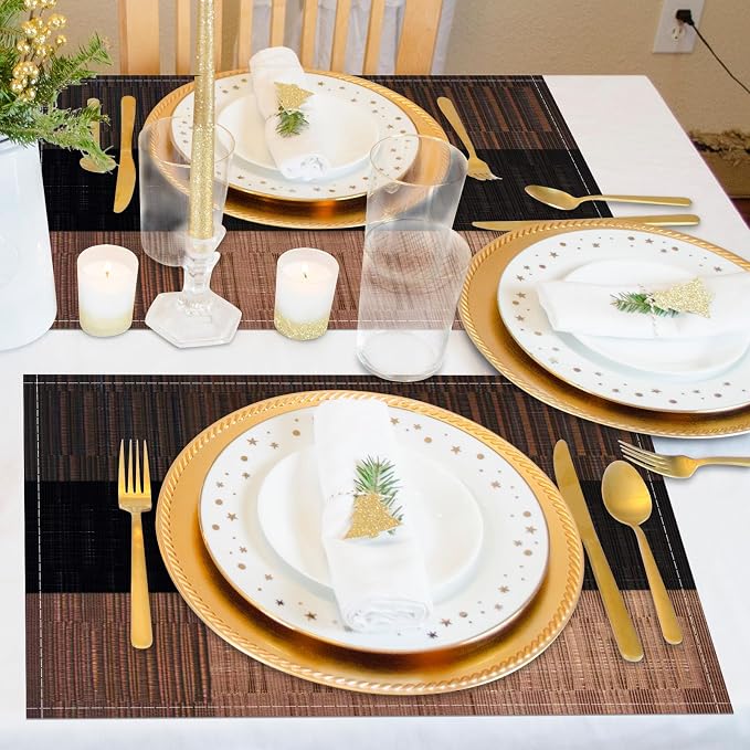 Niviy Brown Placemats Set of 4, 12x18 Inch Washable Easy to Clean Heat-Resistant Anti-Skid Grey Placemats for Holiday Party Kitchen Dining Room Decoration