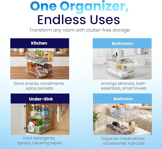 Masirs 2-Tier Clear Pull-Out Drawer Organizer - Sleek, Compact & Sturdy Makeup and Closet Organizer - Easy Assembly Kitchen Storage Solution, Ideal for Makeup, Tools, Medicines 4-Pack