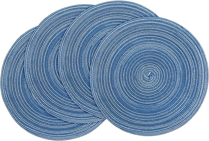 Floroom 15 Inch Round Braided Placemats Set of 4, Washable Heat Resistant Cotton Polyester Circle Place Mats for Kitchen Dining Table - Seascape Blue