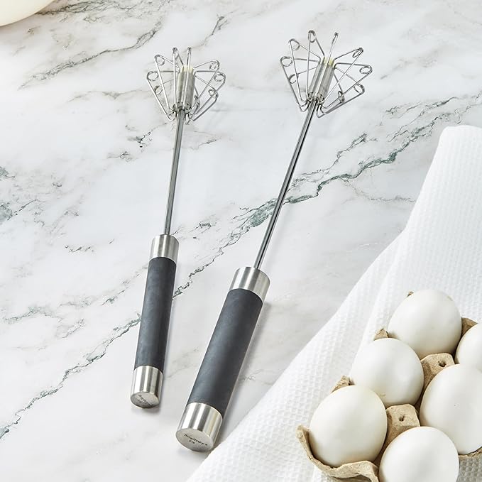 BergHOFF Essentials 2Pc Stainless Steel Miracle Whisk Set, Rotate Balloon Head, Soft-touch Handle, Beating Eggs, Dough, Mixing, Stirring, Black