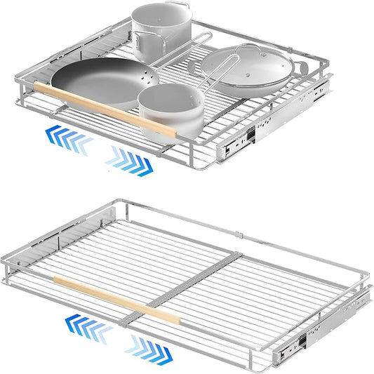 Pull Out Shelves for Kitchen Cabinet, 17.1~28" W x 22.5" D Expandable Slide Out Drawers for Kitchen Organizers and Storage, Pull Out Cabinet Organizer, Stainless Steel, 2Pack