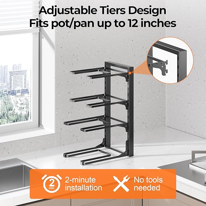 MUDEELA Pots and Pans Organizer under Cabinet 15.75" Tall, 4-Tier Heavy Duty Pan Organizers inside Cabinet Kitchen Storage, Adjustable Pot Rack Holds up to 44 LB Cast Iron Skillets Shallow Cookware