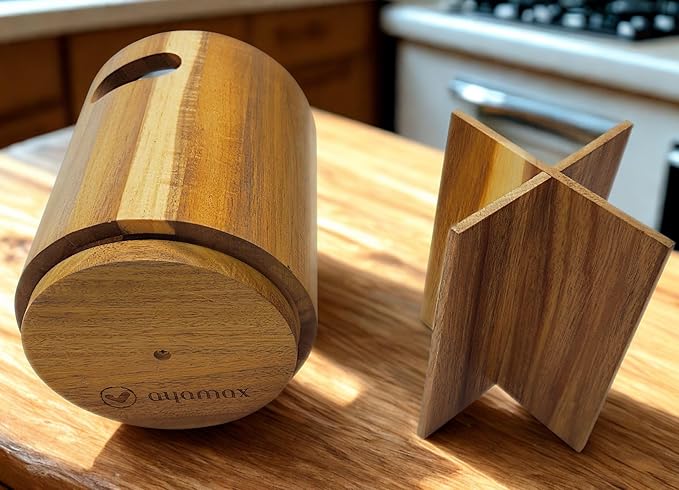 Acacia Wood Utensil Holder for Kitchen Counter, Large 360° Rotating Wooden Utensil Crock Organizer with Divider, Farmhouse Cooking Utensil Holder for Countertop
