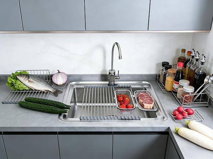 304 Stainless Steel Retractable Sink Drying Rack, Foldable with Removable Mesh Basket & Insect-Proof Cover, Heat Resistant, Dishwasher Safe for Kitchen RV Camping, Perfect
