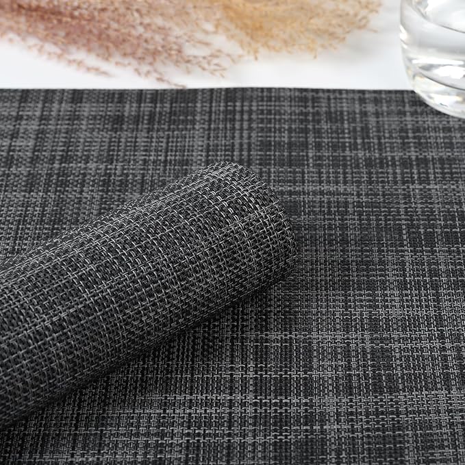 Myir JUN Placemats Set of 4, Vinyl Woven Placemats Place Mats Indoor Set of 4 Washable Table Mats Non-Slip Place mats for Dining Table (Dark Gray-Black, Set of 4)
