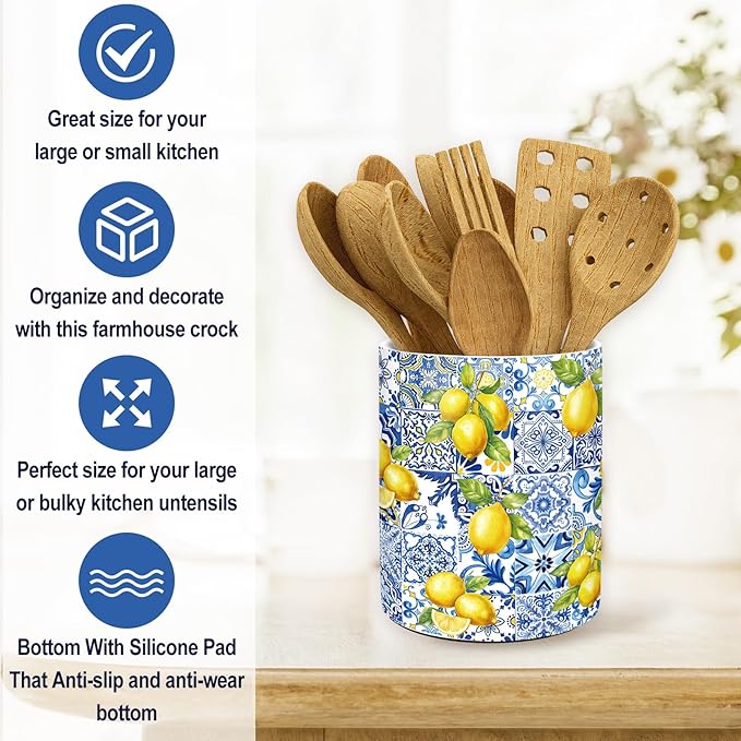 JarThenaAMCS Capri Lemon Ceramic Utensil Holder Blue Tiles Yellow Lemon Utensil Crock for Summer Home Kitchen Countertop Storage Organizer Container