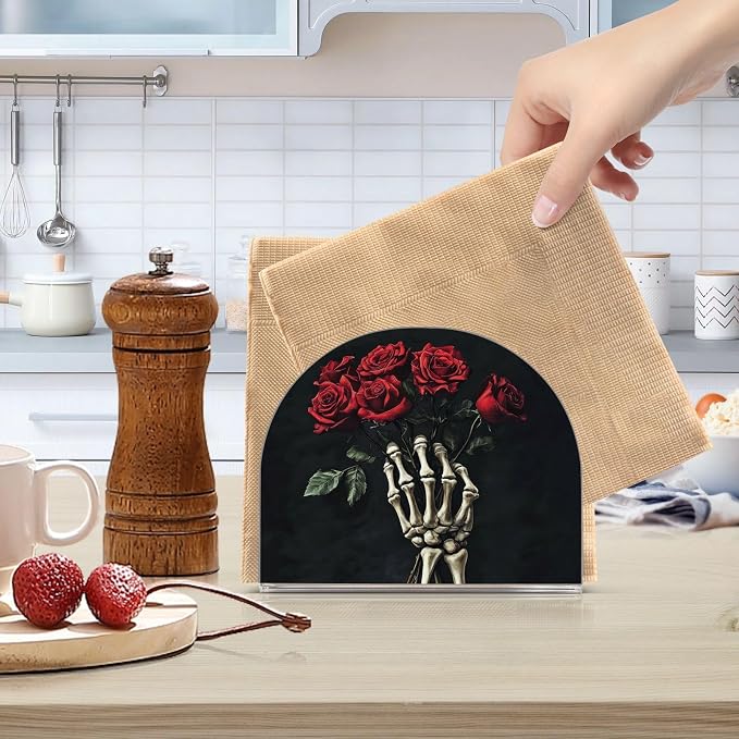 Fustylead Skeleton Hand Roses Bouquet Romantic Napkin Holder for Table Acrylic Vertical Napkin Holders for Paper Napkins Decor Napkin Dispenser for Home Party Dining Cocktail Kitchen Accessories, 2 PC