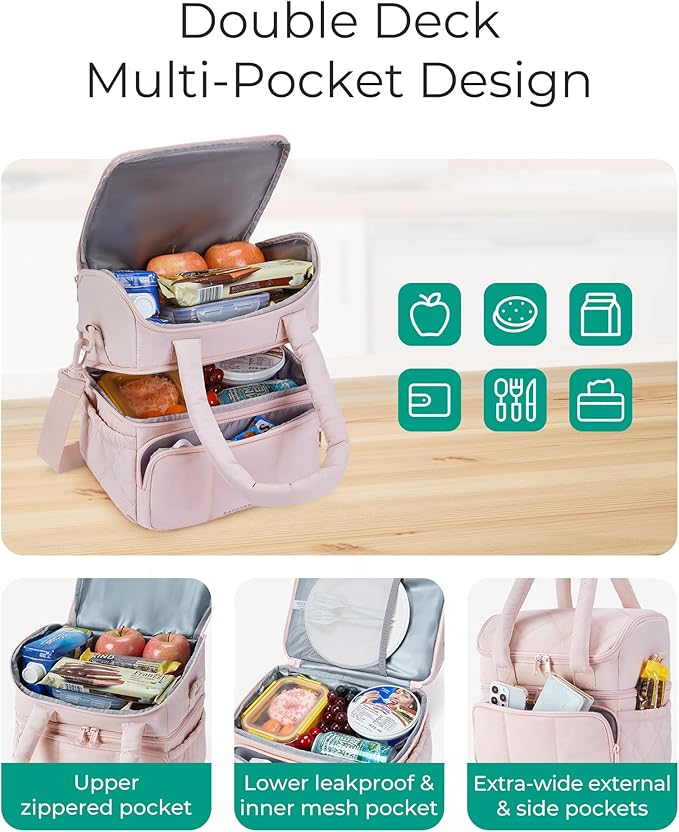 BAGSMART Lunch Bag Women, Double Deck Insulated Lunch Box, Quilted Puffer Lunch Tote, Leakproof, Durable & Reusable Large Lunch Cooler For Work Picnic Travel Meal Prep, Brown Checkerboard