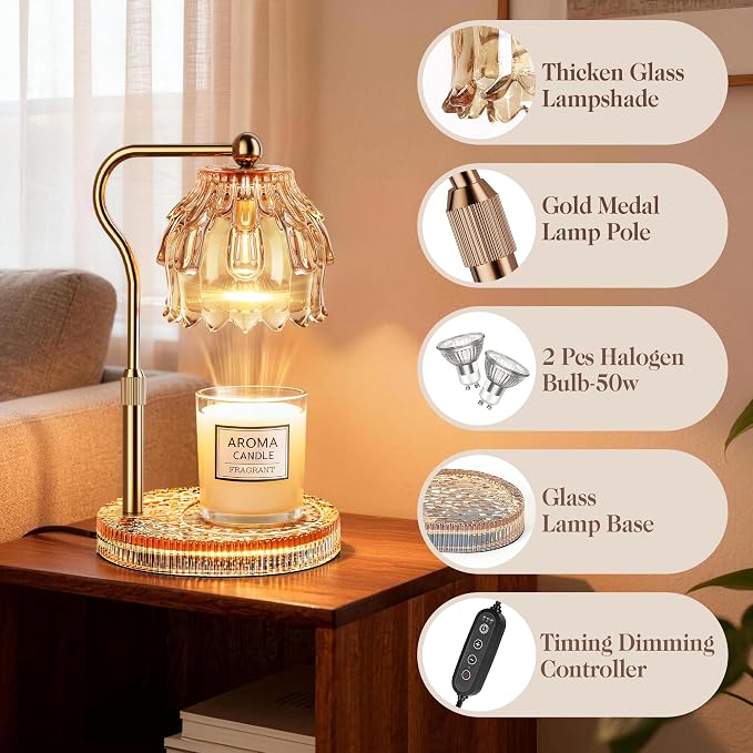 Candle Warmer Lamp with Timer Dimmer, Modern Wax Warmer for Scented Wax Jar Candle Warmer with 2 Bulbs, Adjustable Height Glass Lamp for Women, House Warming Gifts, Gold Amber