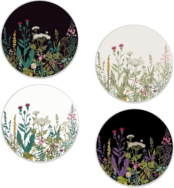 Drinks Coasters Set of 4, Spring Wildflowers Round 4" Cup Coasters, Absorbent Ceramic Stone Coasters with Cork Base, Cute Coasters for Table Home Décor, Ideal Gifts for Women Men