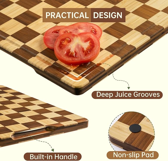 Bamboo Cutting Boards for Kitchen, Checkered Thick End Grain Wood Chopping Board with Juice Groove, Butcher Block for Meat, Bread & Fruit, Medium, 14"L x 10"W x 0.8"Th