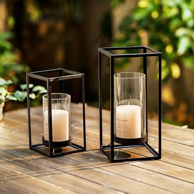 Black Lantern Decorative Indoor Set of 2: Glass Metal Hurricane Candle Holder Modern Farmhouse Lanterns Decor Outdoor for Table Centerpiece Fireplace Wedding