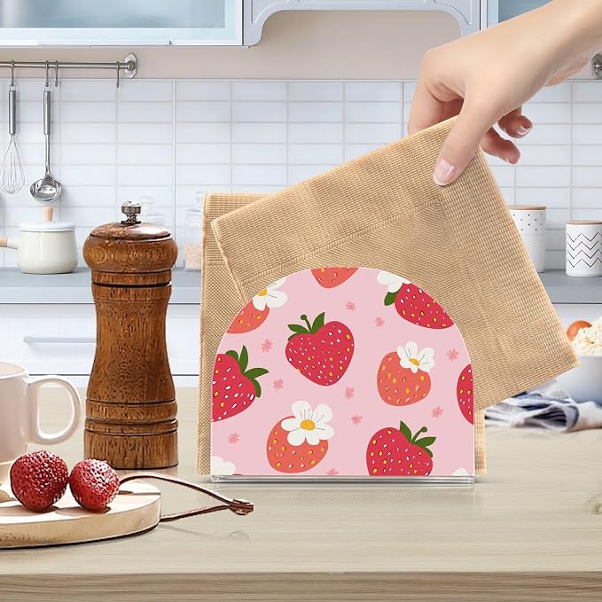 Fustylead Red Strawberry White Floral Pink Napkin Holder for Table Acrylic Vertical Napkin Holders for Paper Napkins Decor Napkin Dispenser for Home Party Dining Cocktail Kitchen Accessories, 2 Pack