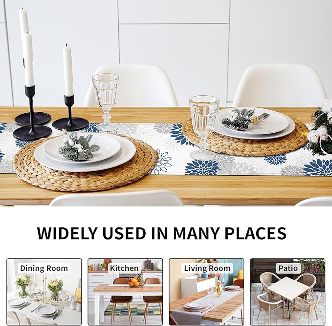 Dahlia Flower Table Runner 13x36 Inch Farmhouse Blue Gray Runners Modern Table Decorations Rustic Geometric Coffee Table Runner for Home Kitchen Dining Room Party (13"x36", Dahlia Floral-Blue)