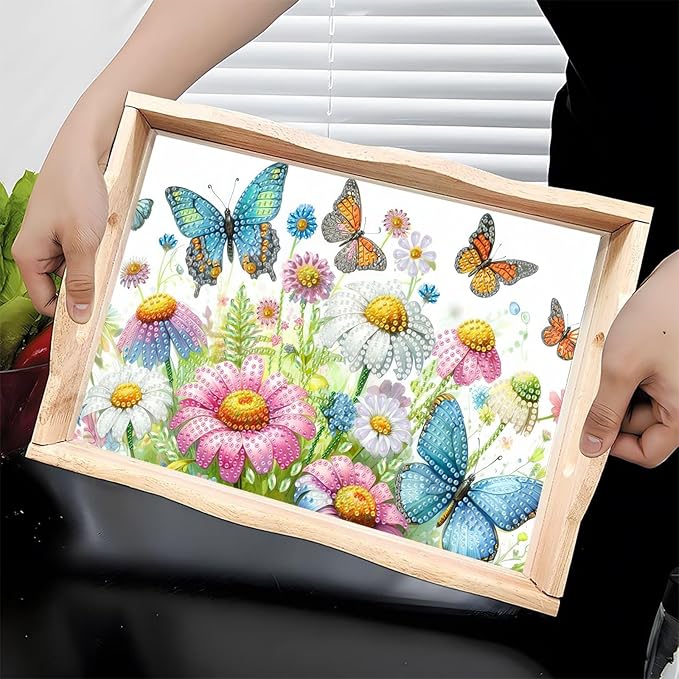 DIY Diamond Serving Tray Diamond Art Painting Creative Design Handmade Wooden Tray Dinner Plate for Coffee Breakfast Home Organizer-Flowers Butterfly