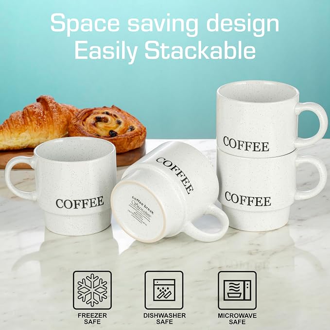 Signature Housewares Stackable Coffee Mug Tower Set with Metal Wire Rack - 15 Ounce for Tea, Cocoa, Milk, Cappuccino, Hot Chocolate Set of 4 - White Coffee (Pack of 4)