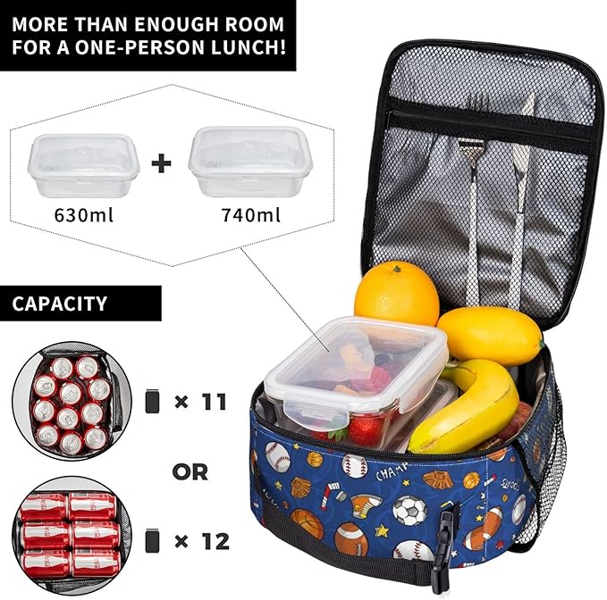 Gianlaima Football Volleyball Basketball Ball Insulated Lunch Box For Women And Man, Portable Lunch Bags Reusable Cooler Tote For Office Work Travel Picnic Camping Beach