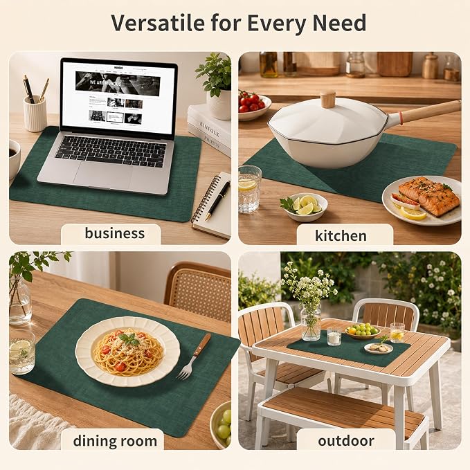 Maxpearl Faux Leather Placemats Set of 6 - Waterproof - Wipe Clean - Heat Resistant - Anti Slip Dining Table Place Mats, Suitable for Indoor & Outdoor Use, 17’’×12’’, Dark Green