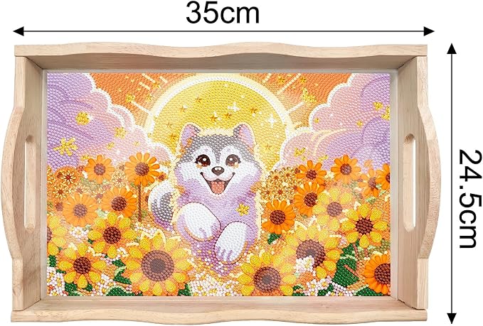 Generic DIY Diamond Serving Tray Rectangular Upgrade Increase Breakfast Tray with Handles Handmade Diamond Art Painting Wooden Tray Dinner Plate for Coffee Living Room Home Organizer-Puppy