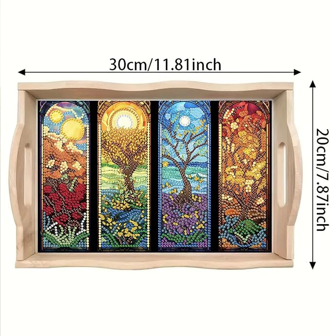 BAYUNOE DIY Diamond Serving Tray Rectangular Breakfast Tray with Handle Handmade Diamond Art Painting Wooden Tray Spring Creative Dinner Plate Coffee Room Living Home Organizer-Four Seasons Scenery